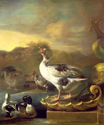 A Goose and other Wild Fowl by a Fountain